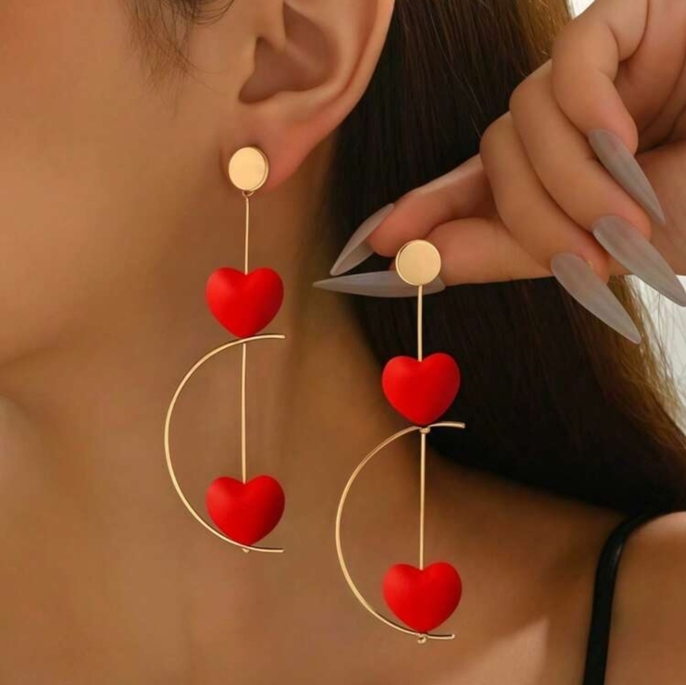 Gold Drop Earrings with Red Heart Accents